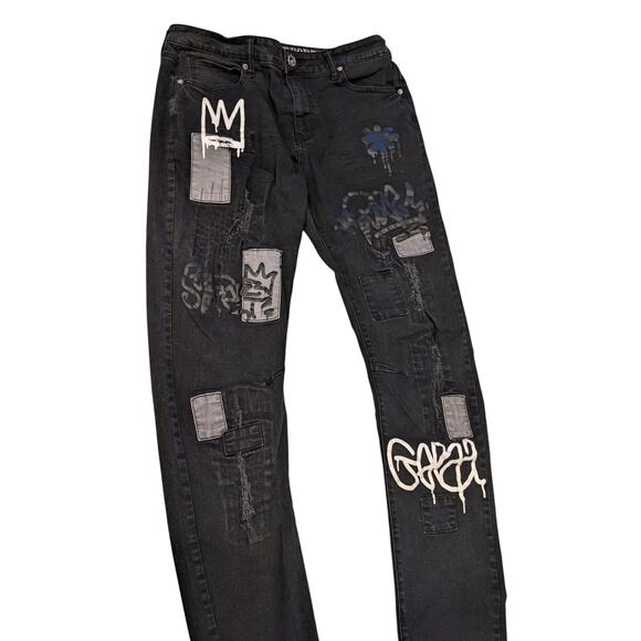 Rutherford Skinny Fit Jeans Mens 34 Distressed Graffiti Patches Streetwear Bold - Picture 11 of 12
